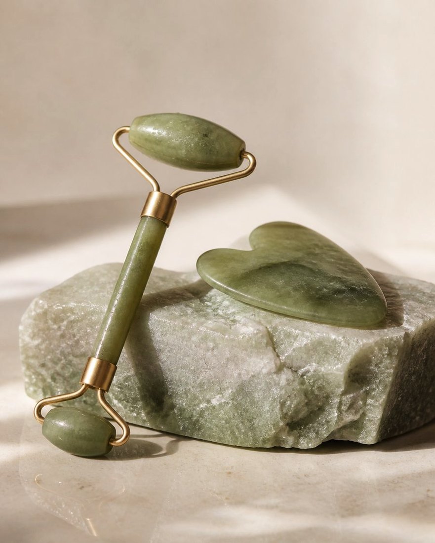 Jade facial roller and heart-shaped gua sha resting on a raw jade stone